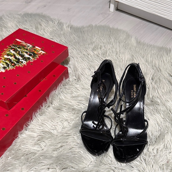 Saint Laurent Glossy Black Strappy Heels - Picture 1 of 5